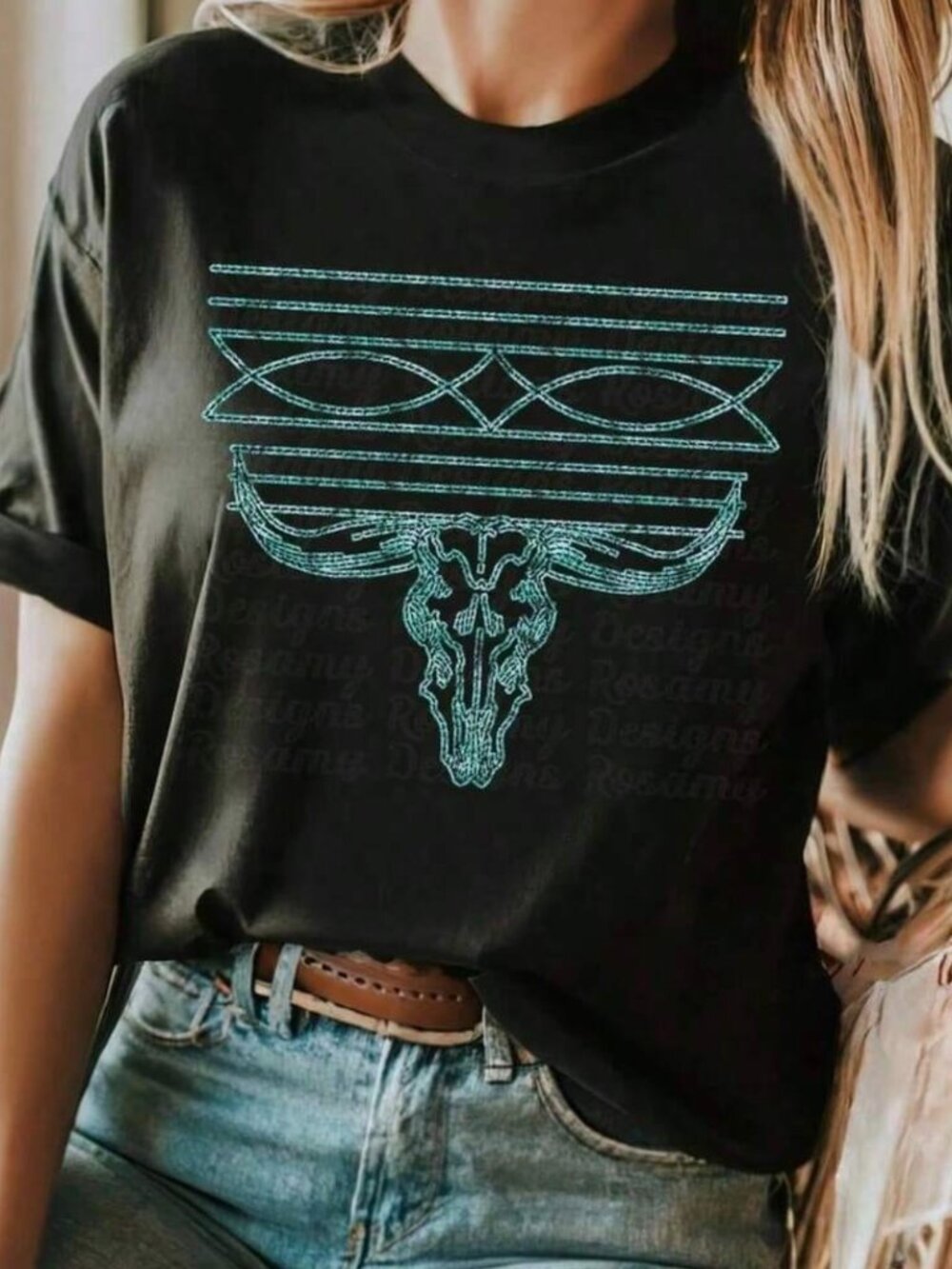 Western Bull Skull Graphic Crew Neck T-Shirt